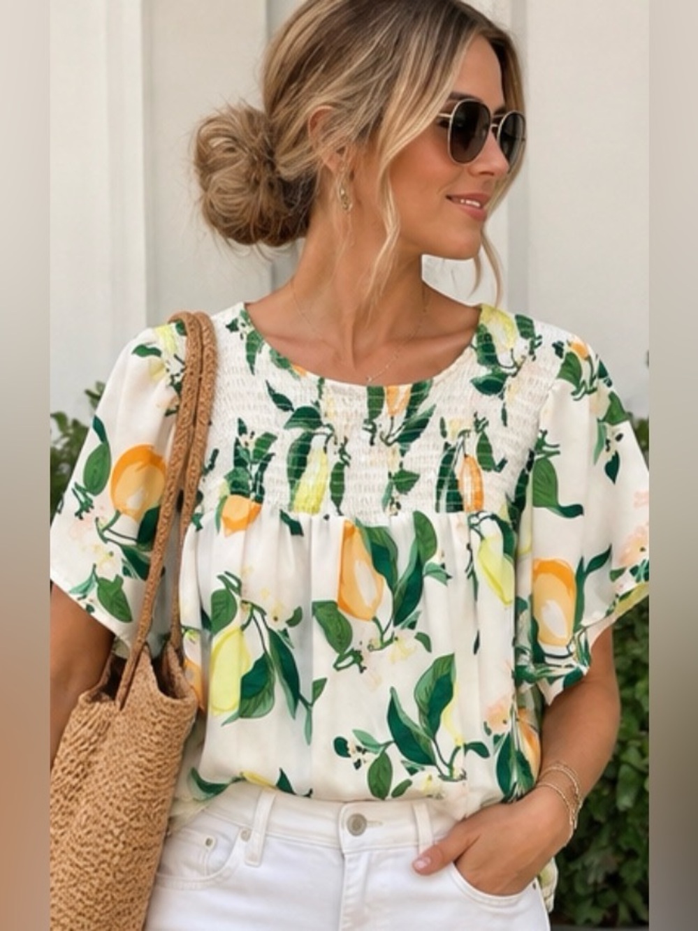 Ann Taylor Lemon Europe France Print Smocked Flutter Sleeve Blouse M